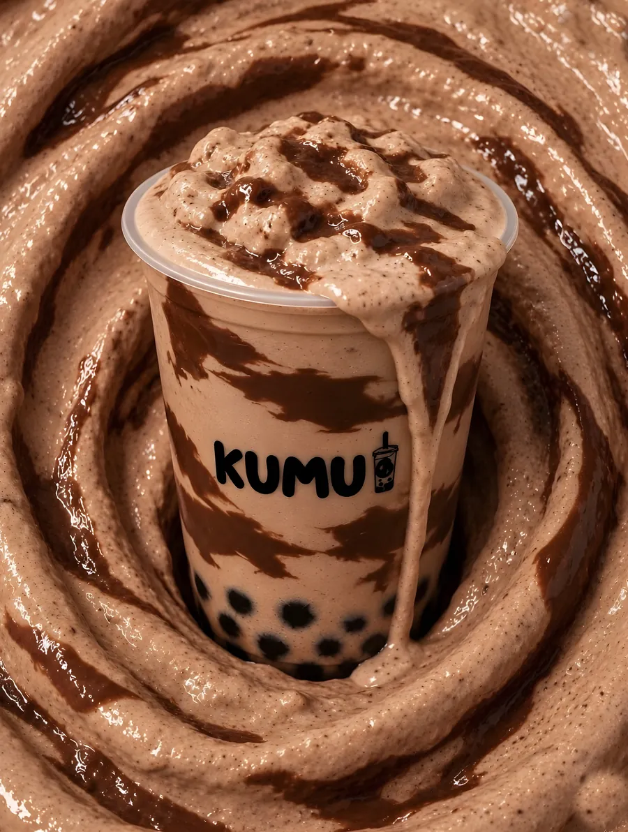 Chocobomb de Kumu con tapioca sobre un remolino de chocolate
