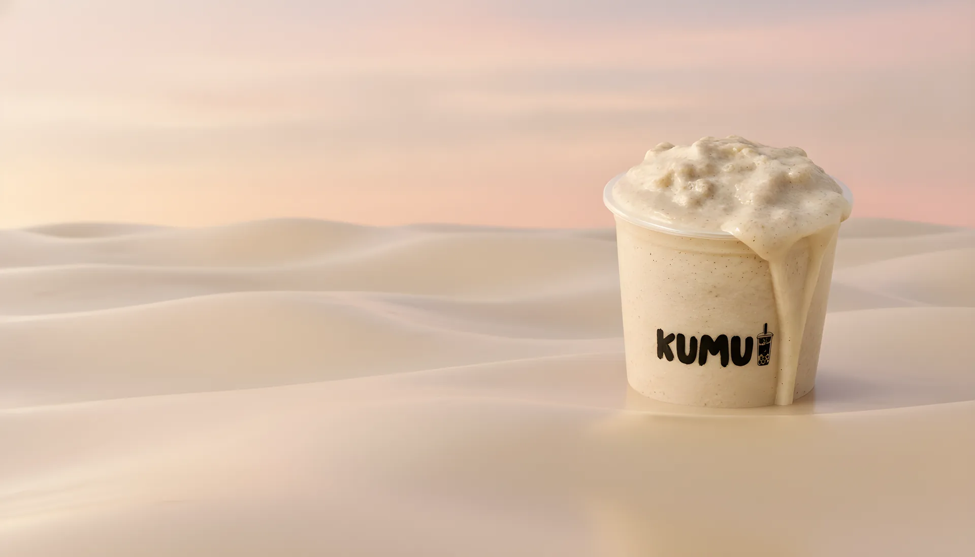 Vaso de chai vainilla de Kumu sobre un mar de crema al amanecer