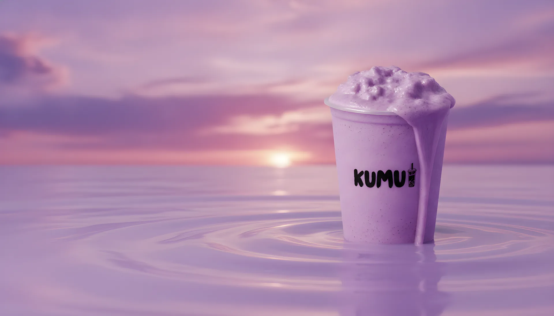 Vaso de taro de Kumu sobre un mar lila al atardecer